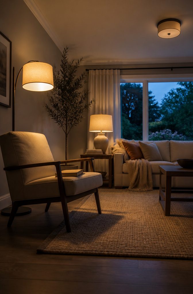 Family room with a floor lamp near the couch and a table lamp on a side table