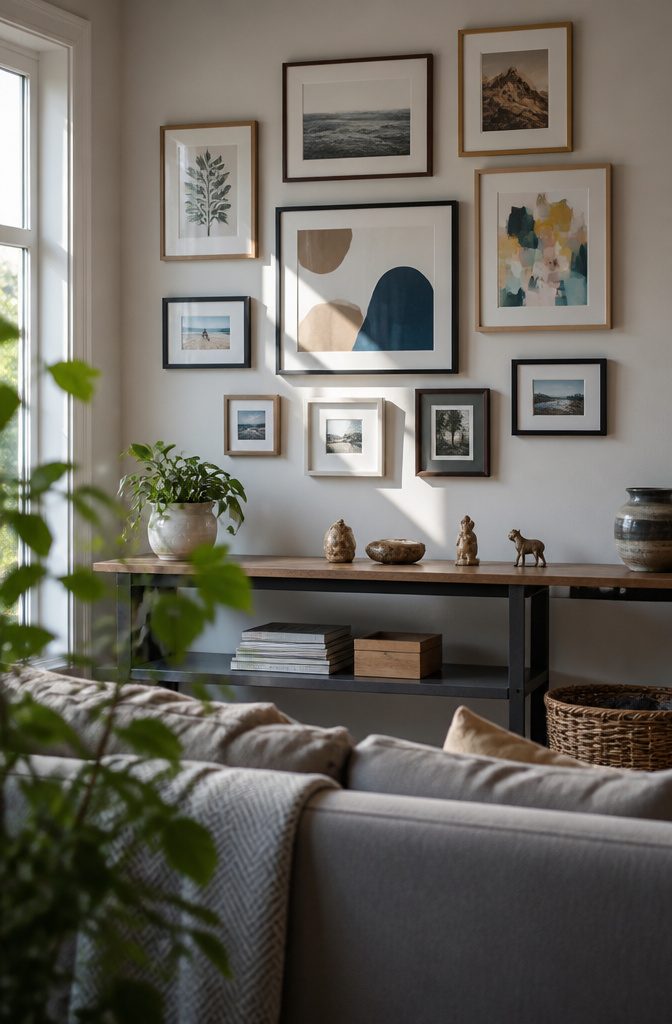 Gallery wall of family photos and children’s art above a console and woven basket