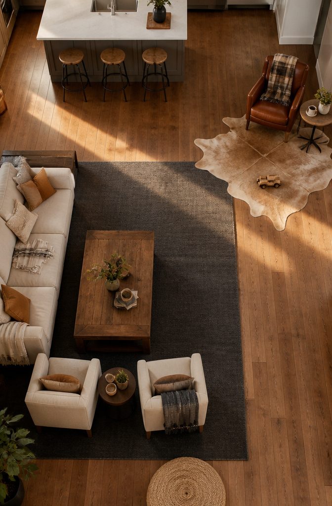 Rug beneath a coffee table and seating with the furniture front legs on it