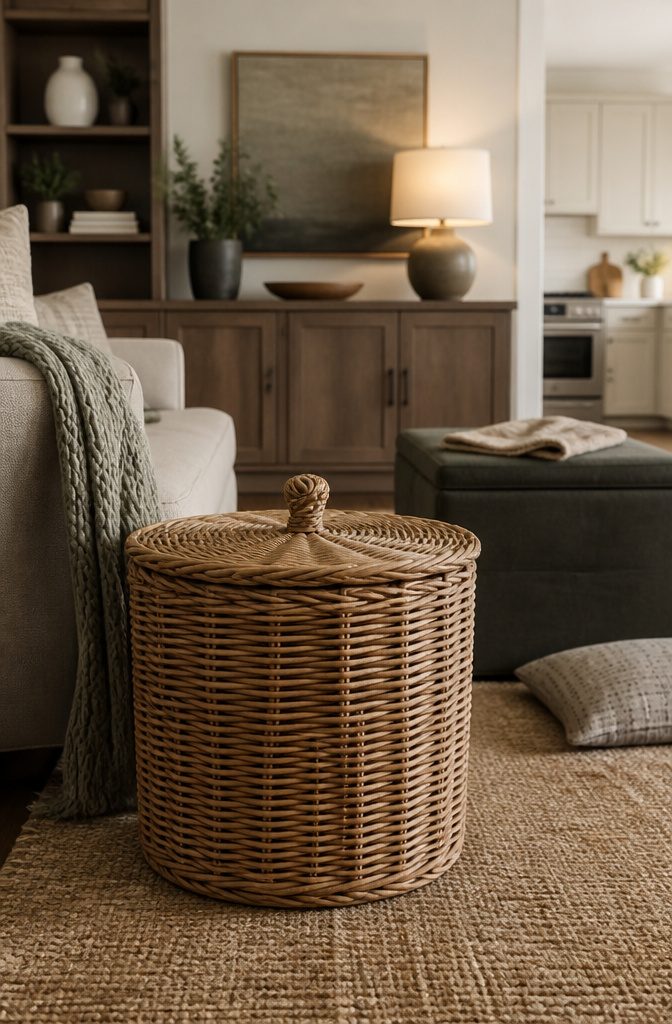 Family room storage with closed cabinets and baskets holding toys and household items