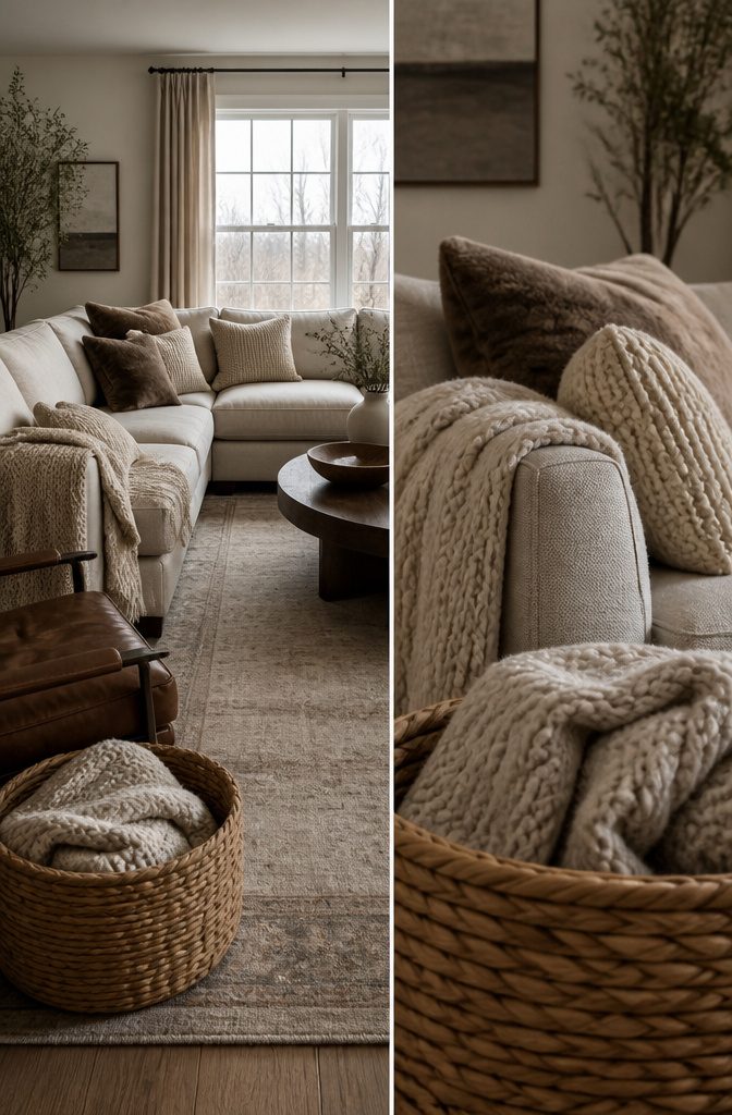 Sectional sofa with oversized chenille pillows and a knit throw