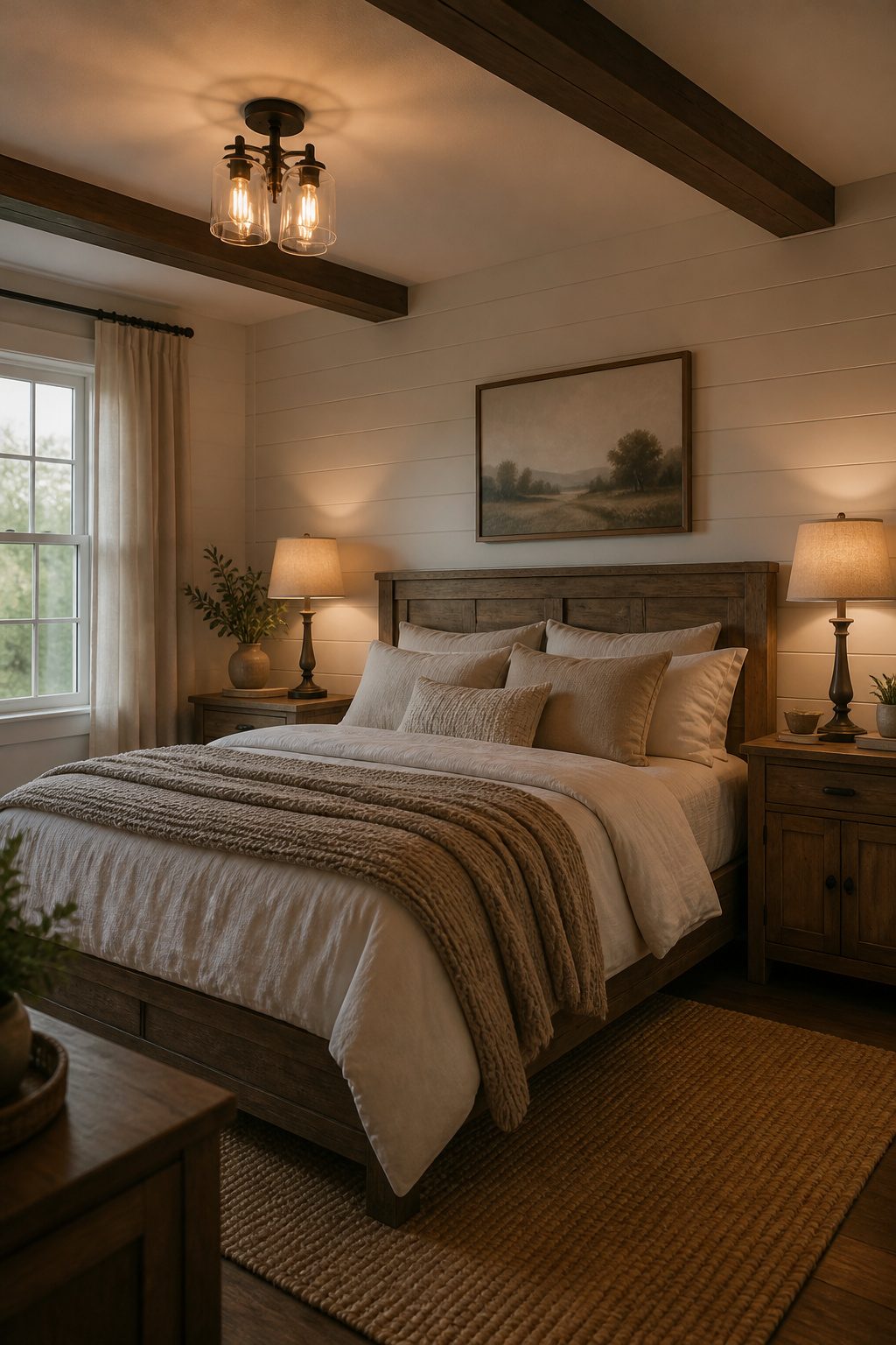 Warm ambient lighting from bedside lamps in a farmhouse bedroom.