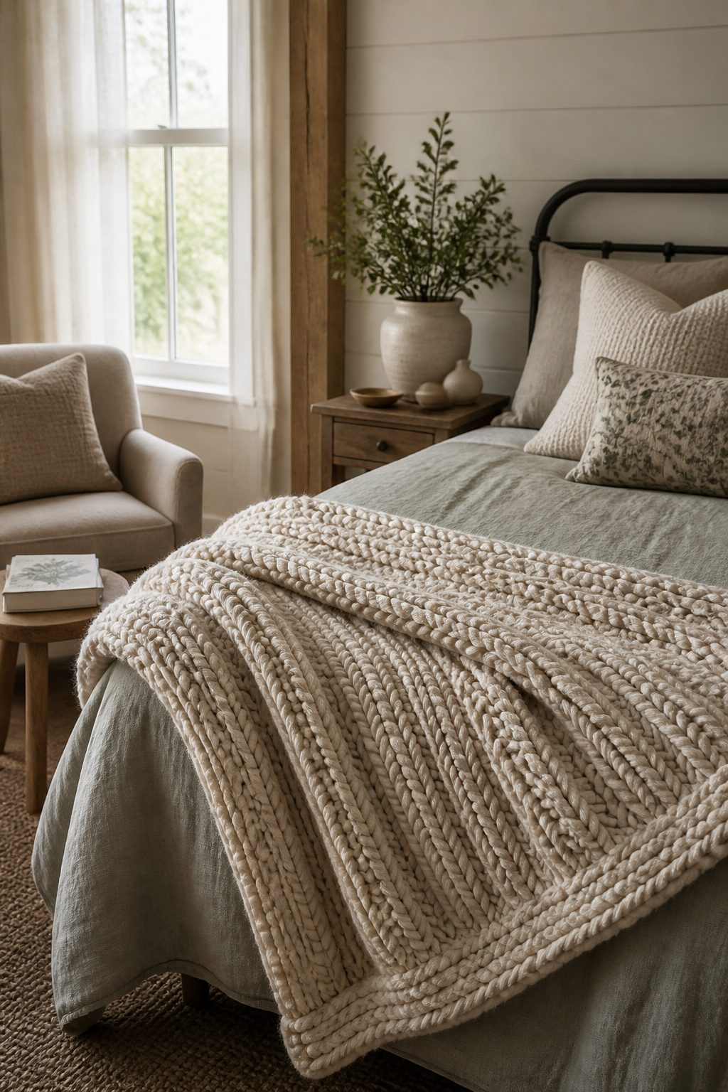 Thick, chunky knit throw draped over the foot of a bed.
