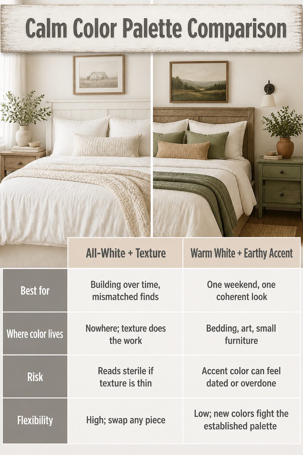 Comparison of calm color palettes for farmhouse bedroom decor.