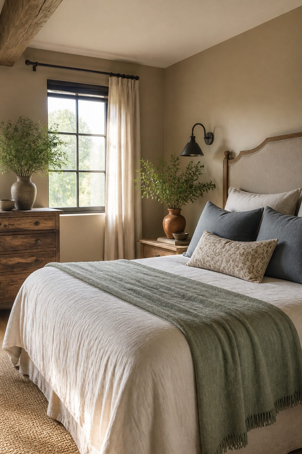Farmhouse bedroom with earthy tones and muted color accents.