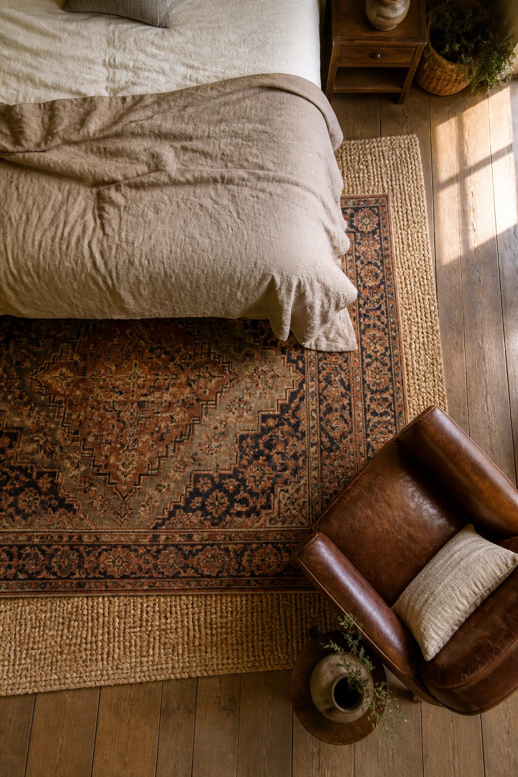 Two layered rugs on hardwood floor in a farmhouse bedroom.