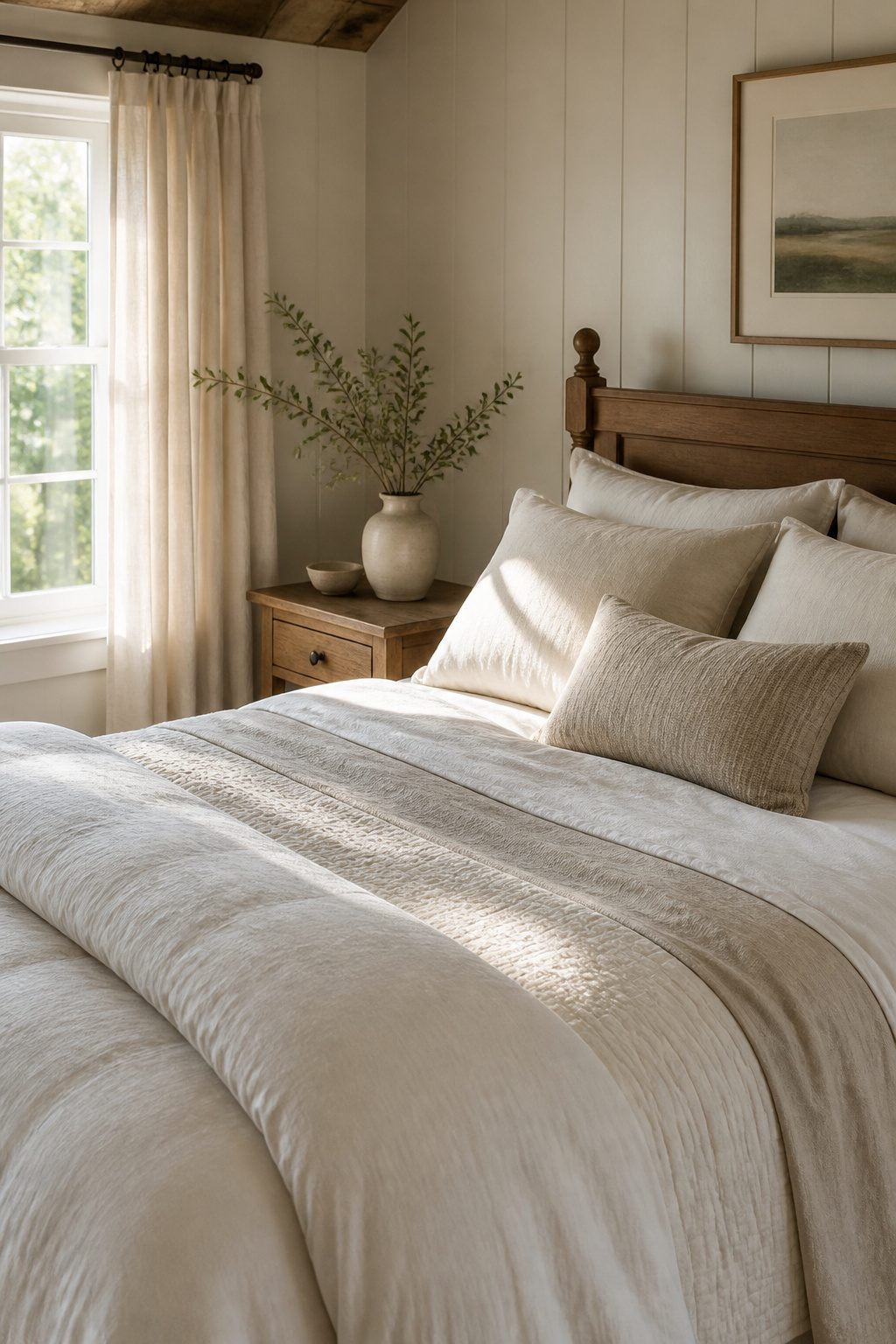 Bed with white and cream layered bedding illuminated by sunlight.