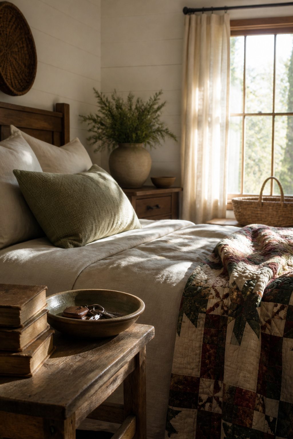 Personal items like a bowl and books on a bedside table.