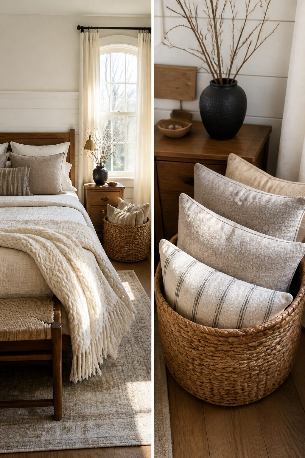 Seasonal decor items arranged in a farmhouse bedroom.