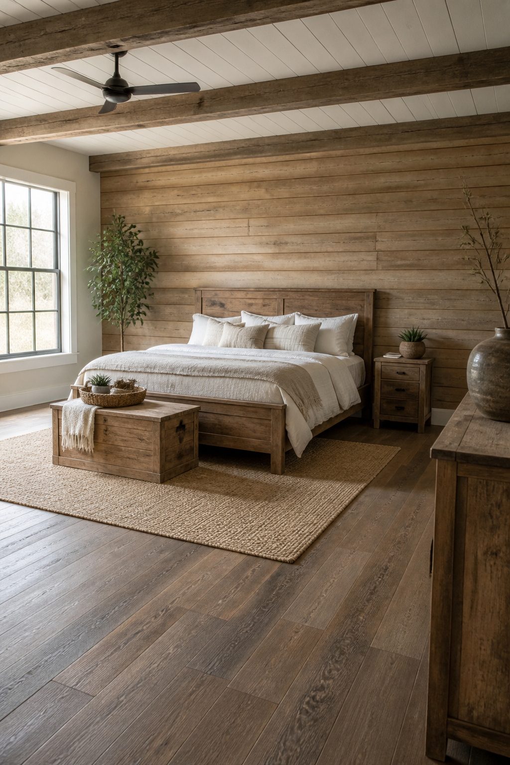 Horizontal shiplap board wall in a farmhouse bedroom.