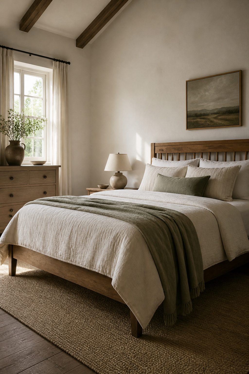 Farmhouse bedroom with soft white walls and layered bedding.