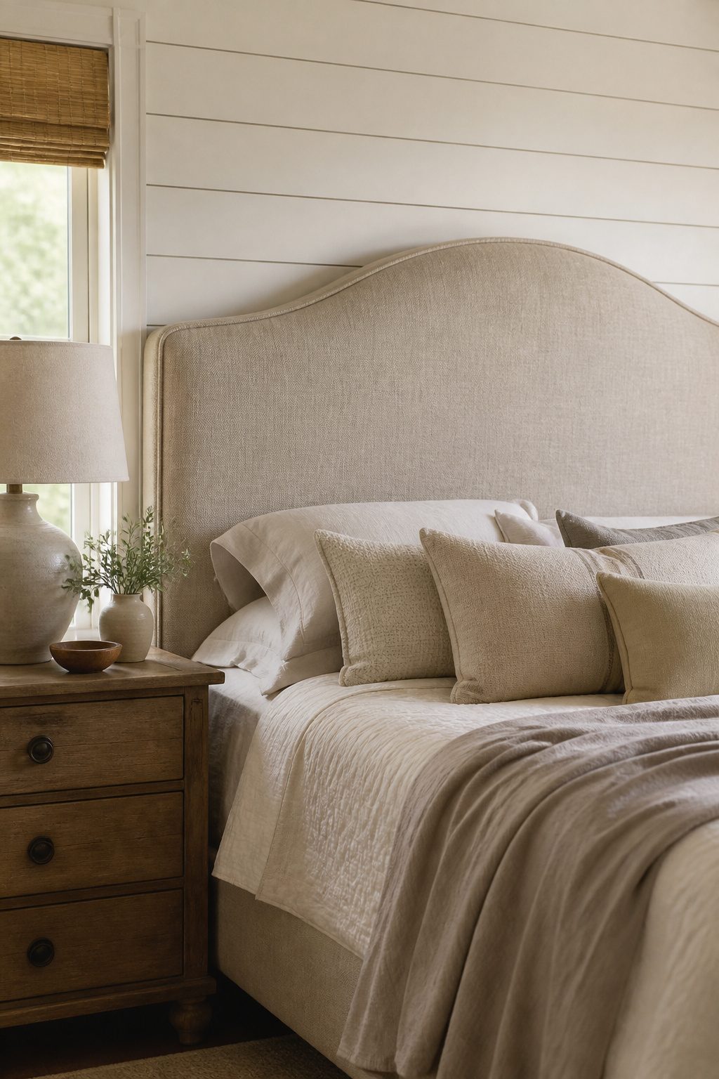 Linen headboard in a farmhouse bedroom with layered bedding.