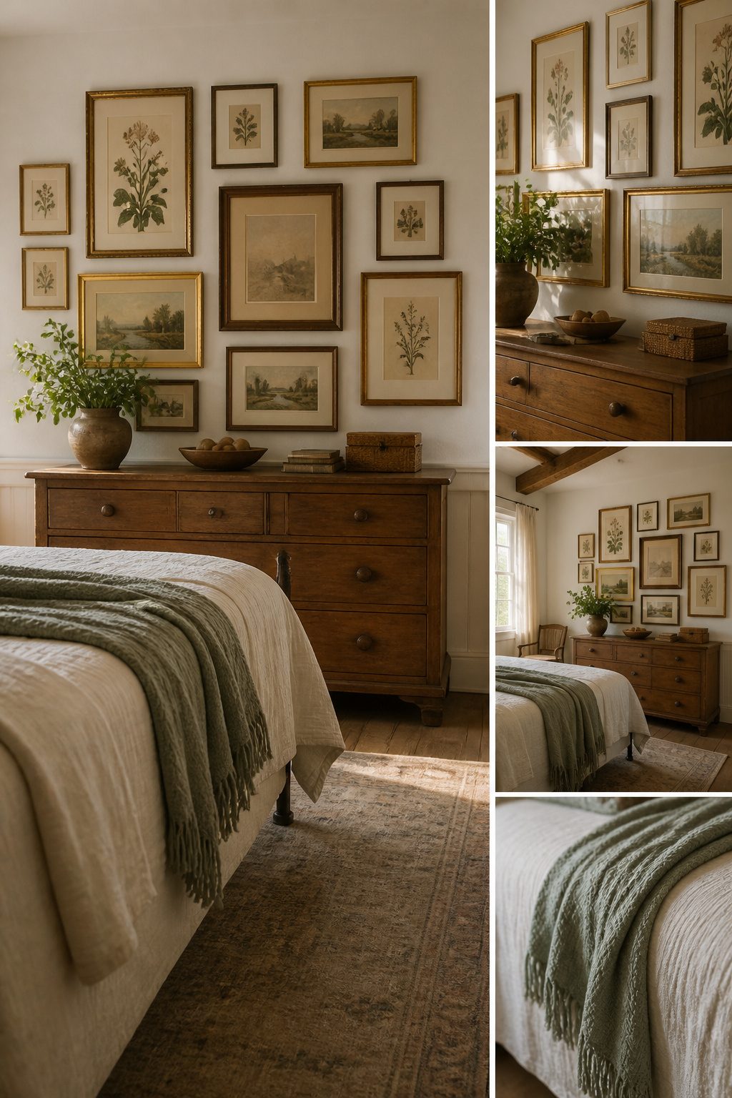 Gallery wall with vintage artwork and botanical prints.