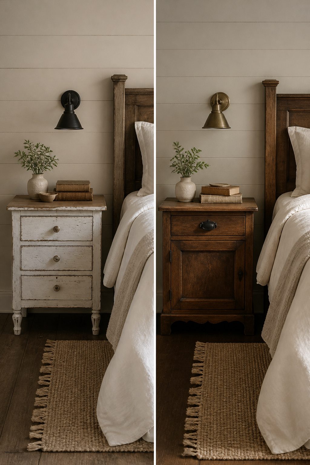 Two mismatched nightstands with decorative items beside a bed.