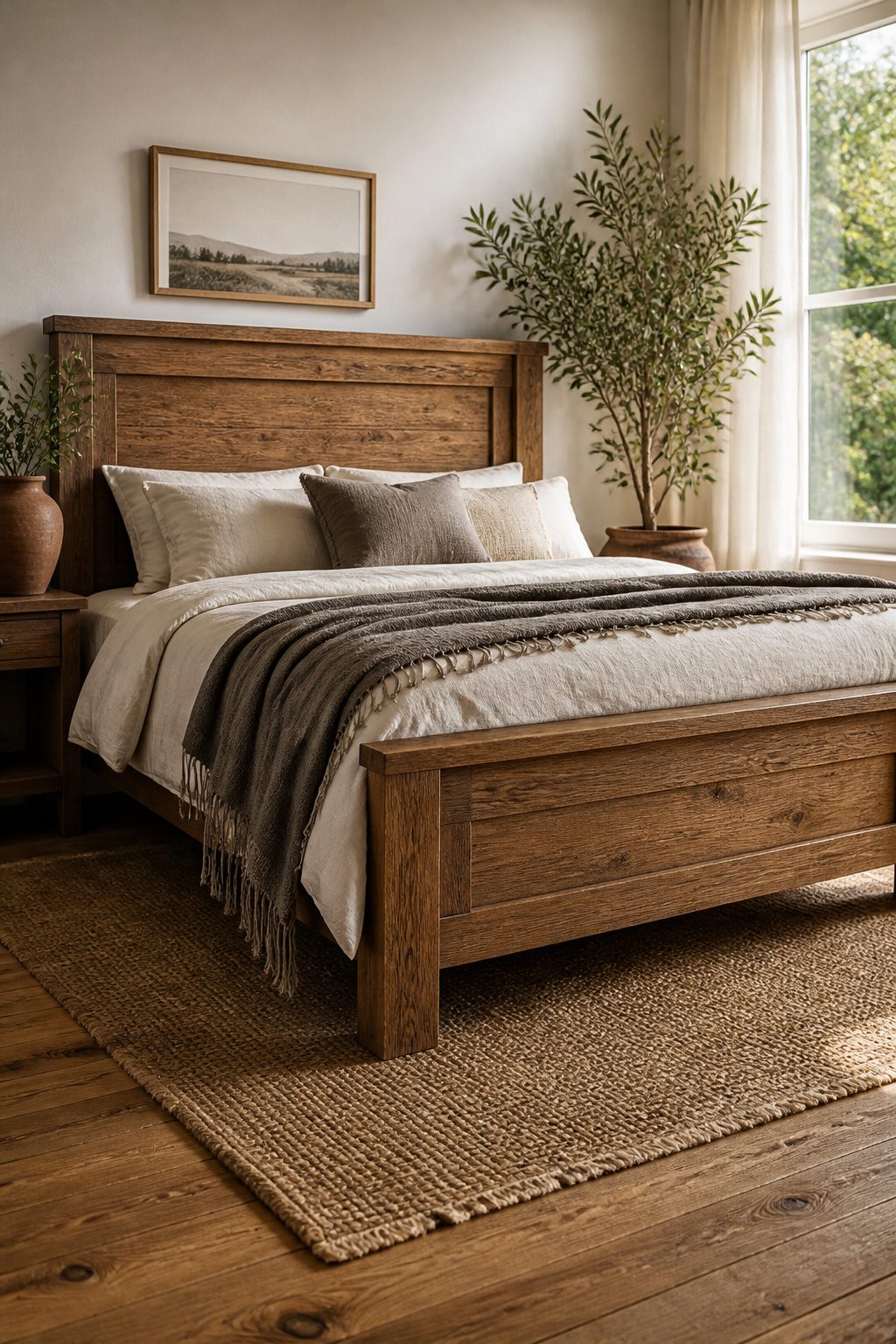 Wooden bed frame in a farmhouse bedroom with layered bedding.