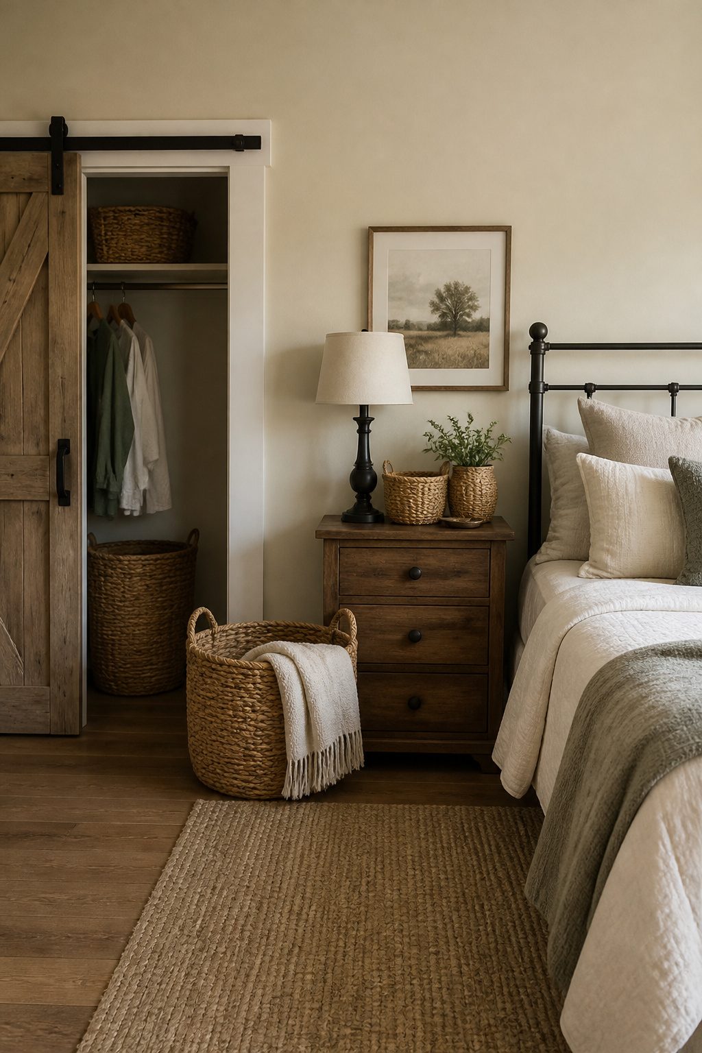 Woven baskets used for storage in a farmhouse bedroom.