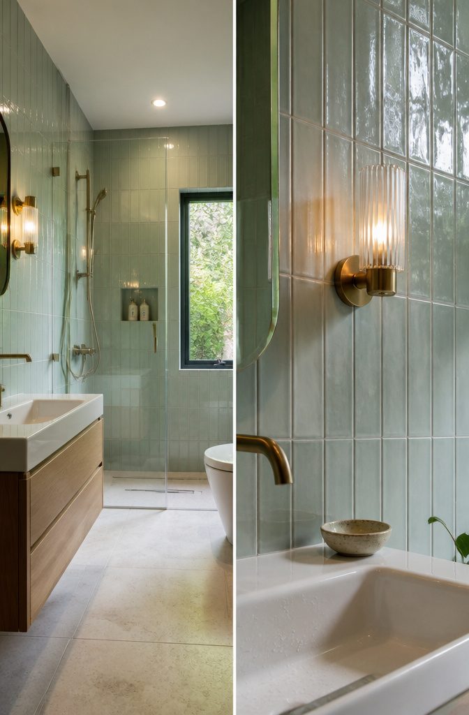 Bathroom with light glossy tile and darker contrasting surfaces