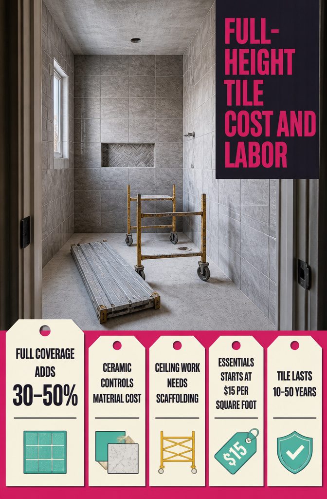 Full-height tile cost and labor graphic for bathroom installation