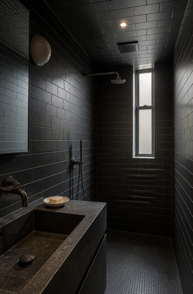 Small bathroom with dark patterned tile covering the walls