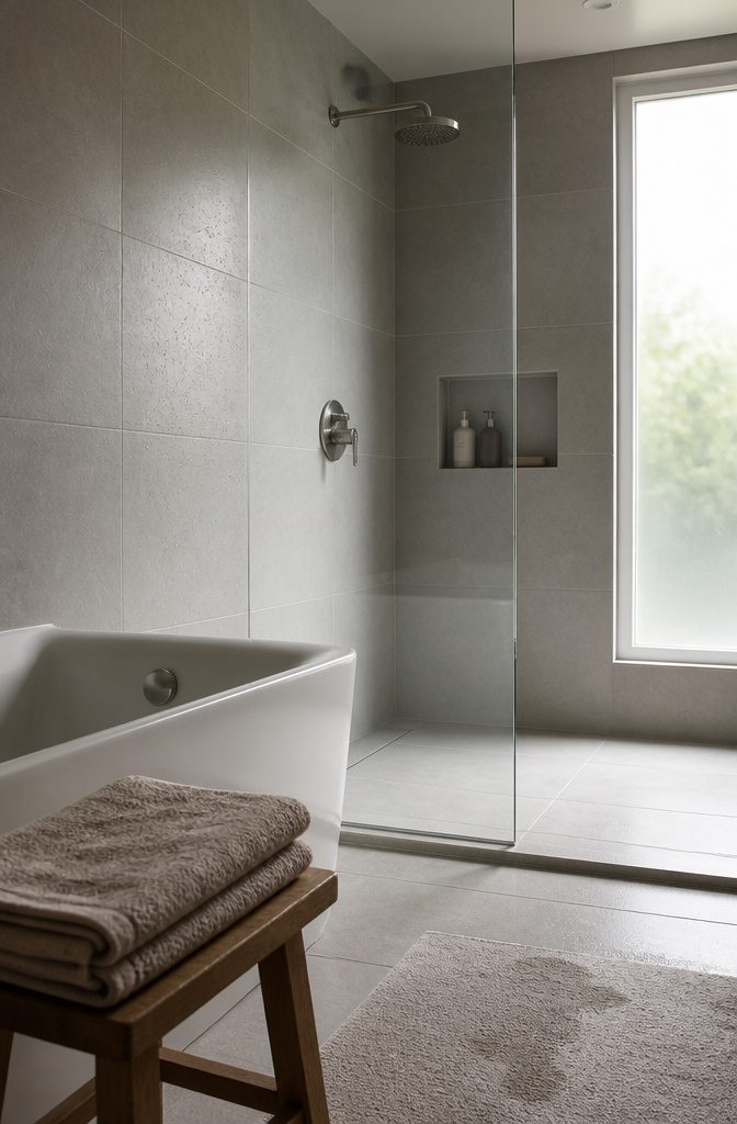 Bathroom shower with tiled walls around the wet area