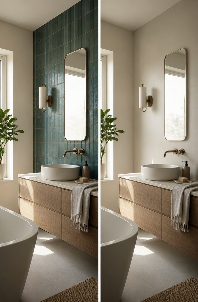 Bathroom vanity or tub against a textured tiled accent wall