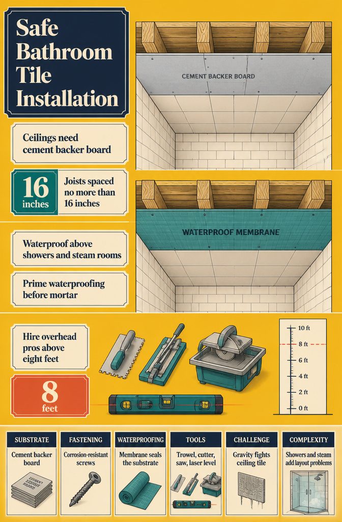 Safe bathroom tile installation graphic with materials and tools