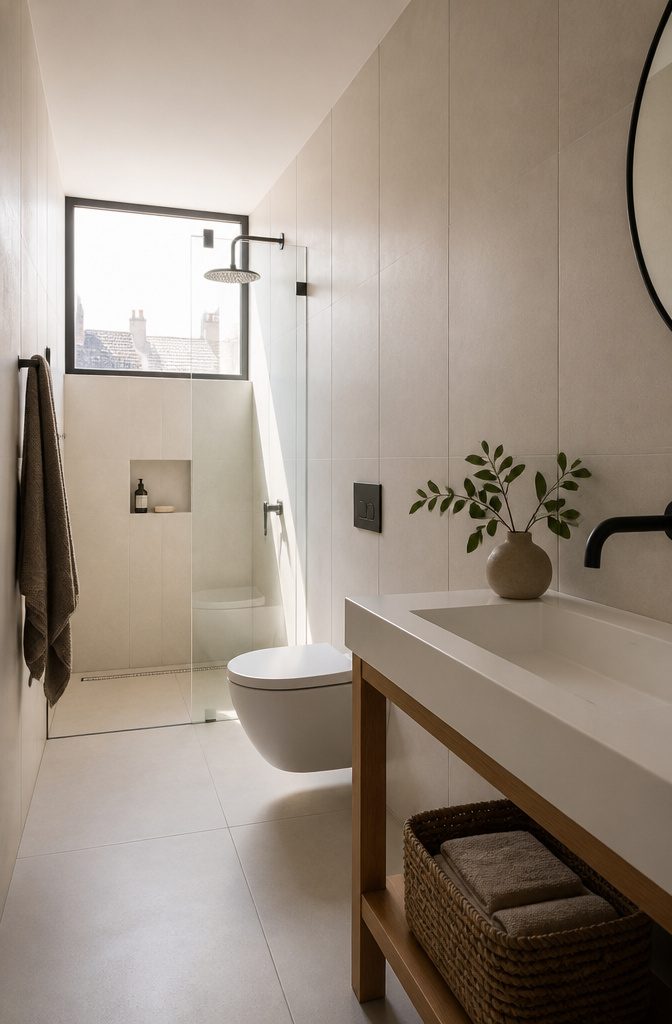 Narrow bathroom with vertical warm white tiles and a glass shower screen