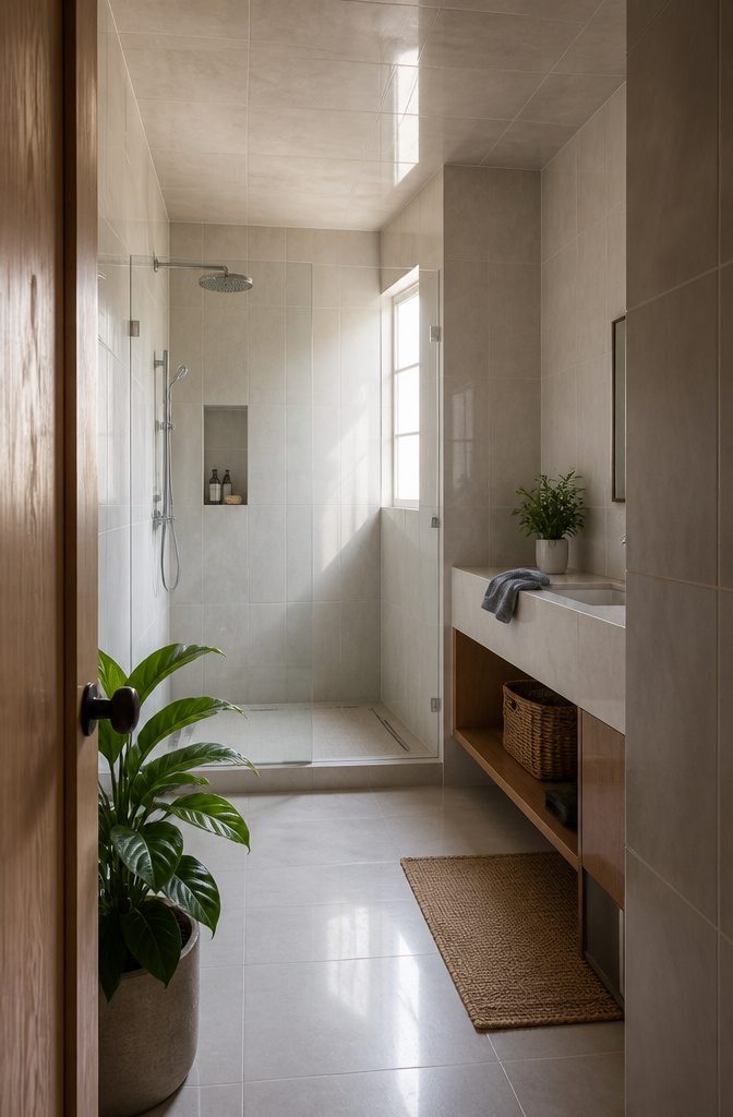 Bathroom walls covered in tile from floor to ceiling