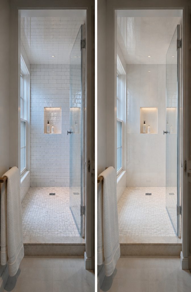 Small bathroom with light-colored tile and reflective surfaces