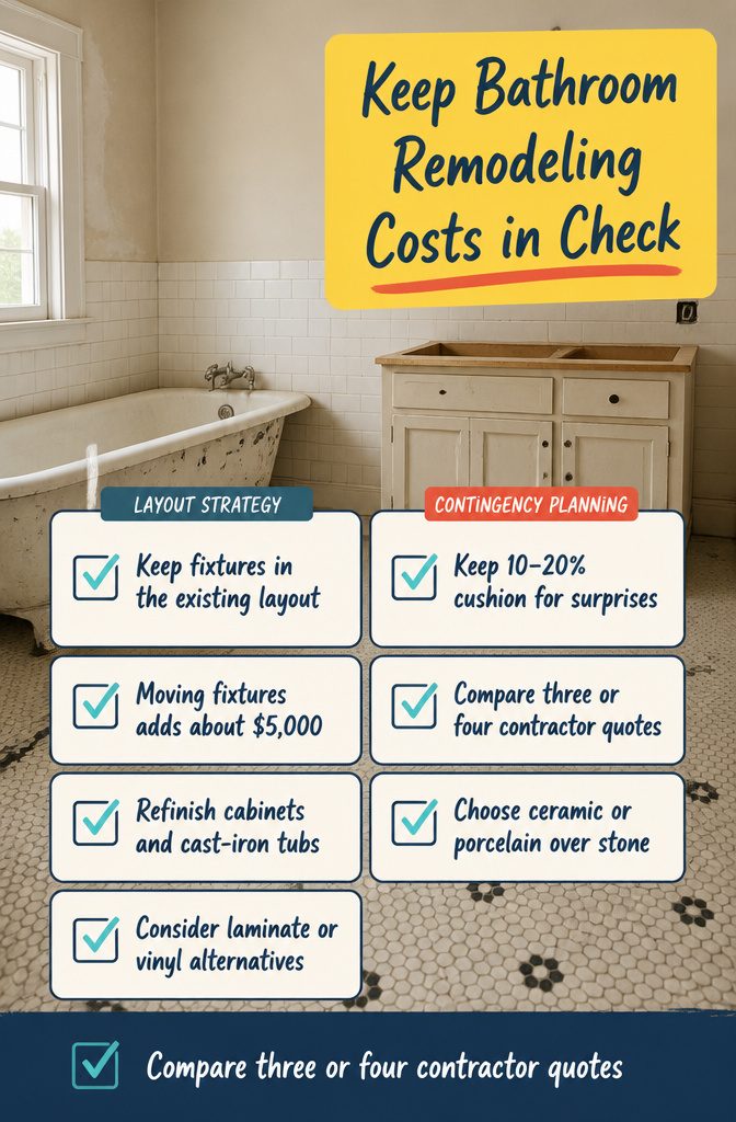 Bathroom budget graphic showing layout savings refinishing and lower-cost material choices