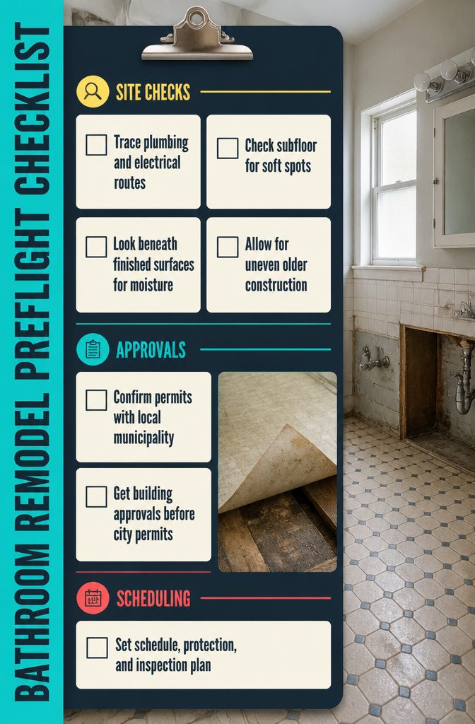 Bathroom checklist graphic listing conditions permits and project planning tasks