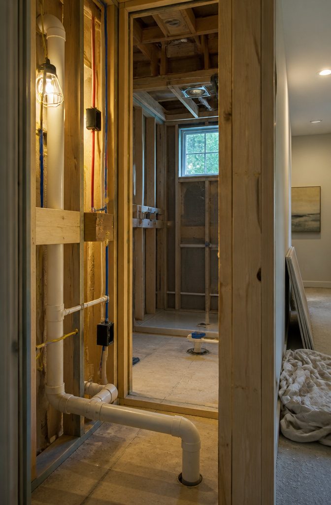 Bathroom wall framing with rough-in plumbing electrical wiring and structural blocking