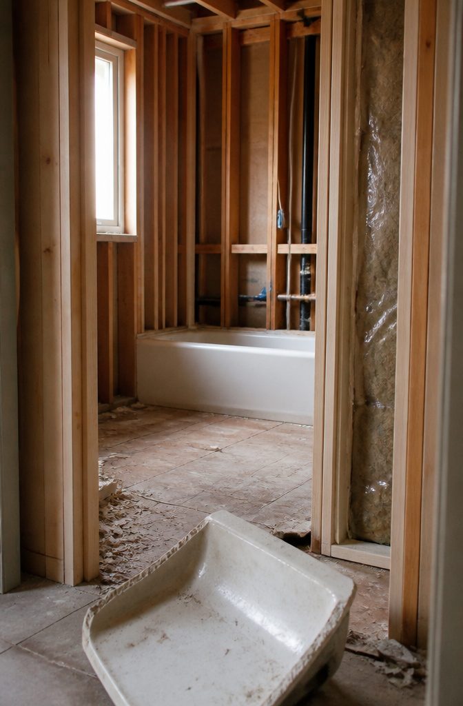 Bathroom demolition with tub surround tile removed to expose wall framing and plumbing