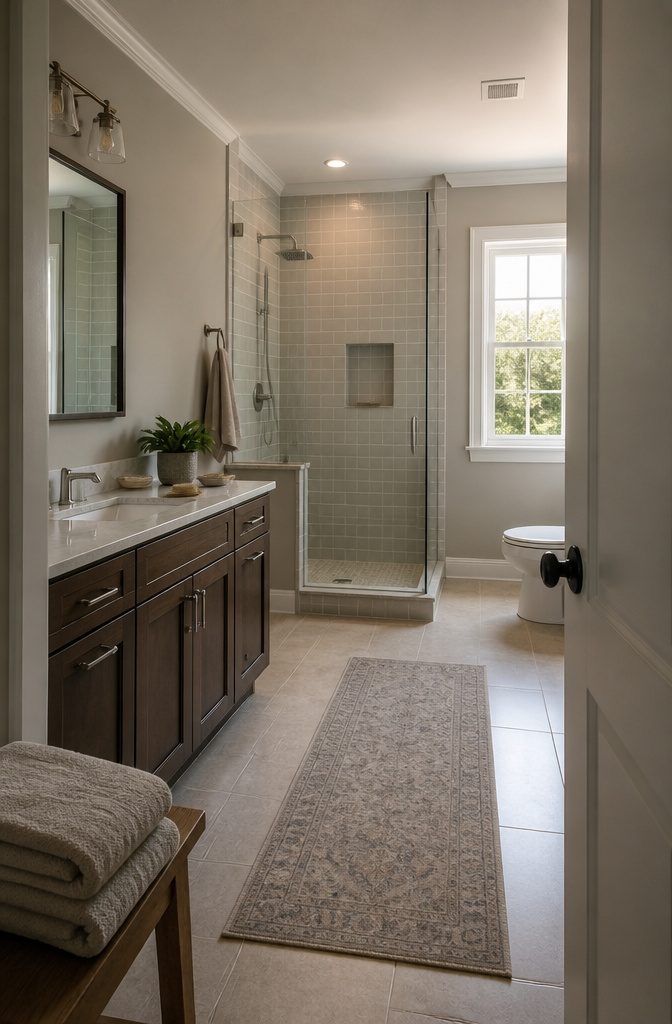Finished bathroom with installed fixtures and trim details receiving final touchups