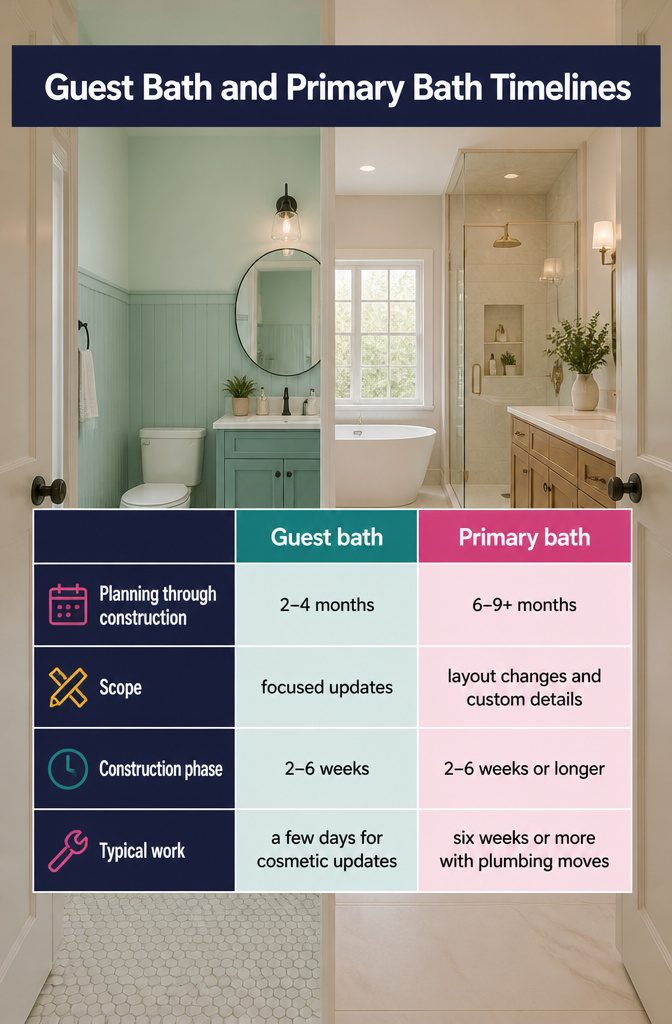 Bathroom timeline graphic comparing guest bath and primary bath project schedules