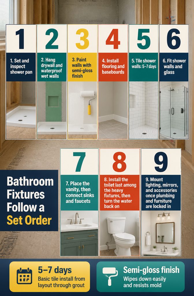 Bathroom installation sequence graphic showing tub shower pan flooring and fixtures