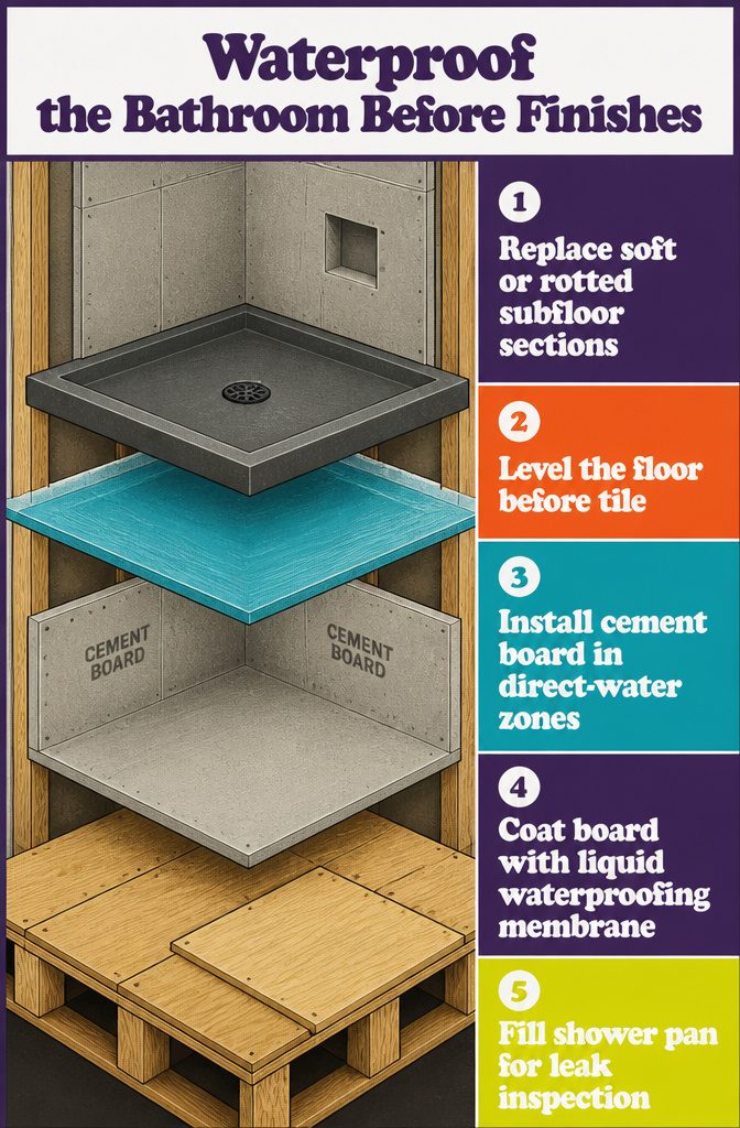 Bathroom waterproofing graphic showing shower walls floor and moisture protection