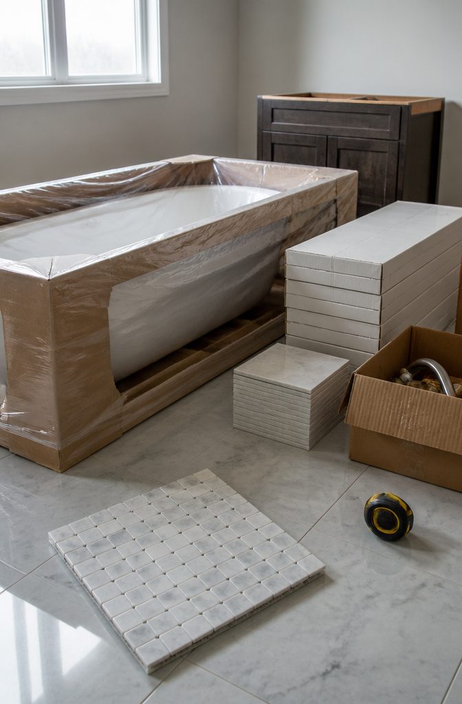 Packaged bathtub beside stacked tile boxes plumbing fixture carton and custom vanity sample