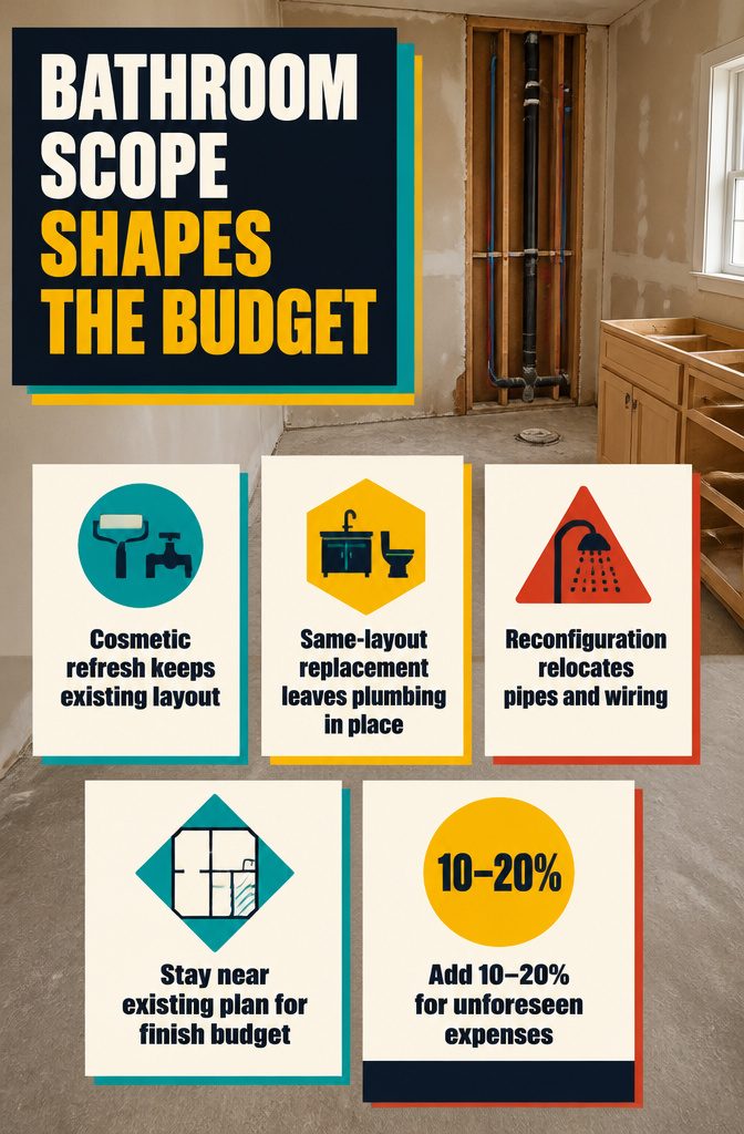 Bathroom budget graphic comparing cosmetic updates same-layout replacement and reconfigured layouts