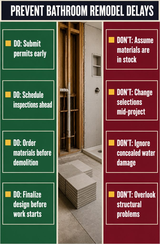Bathroom delay graphic listing permits materials inspections design changes and hidden damage