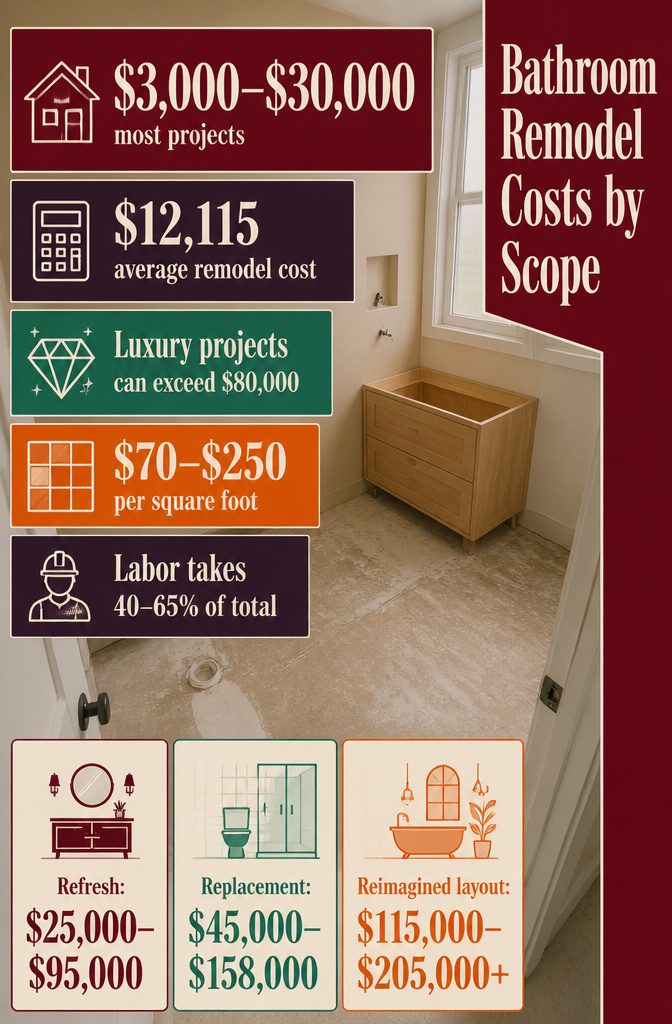 Bathroom cost graphic comparing cosmetic refresh replacement and reconfigured remodel