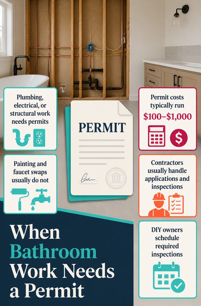 Bathroom permit graphic separating regulated plumbing electrical and structural work from cosmetic updates