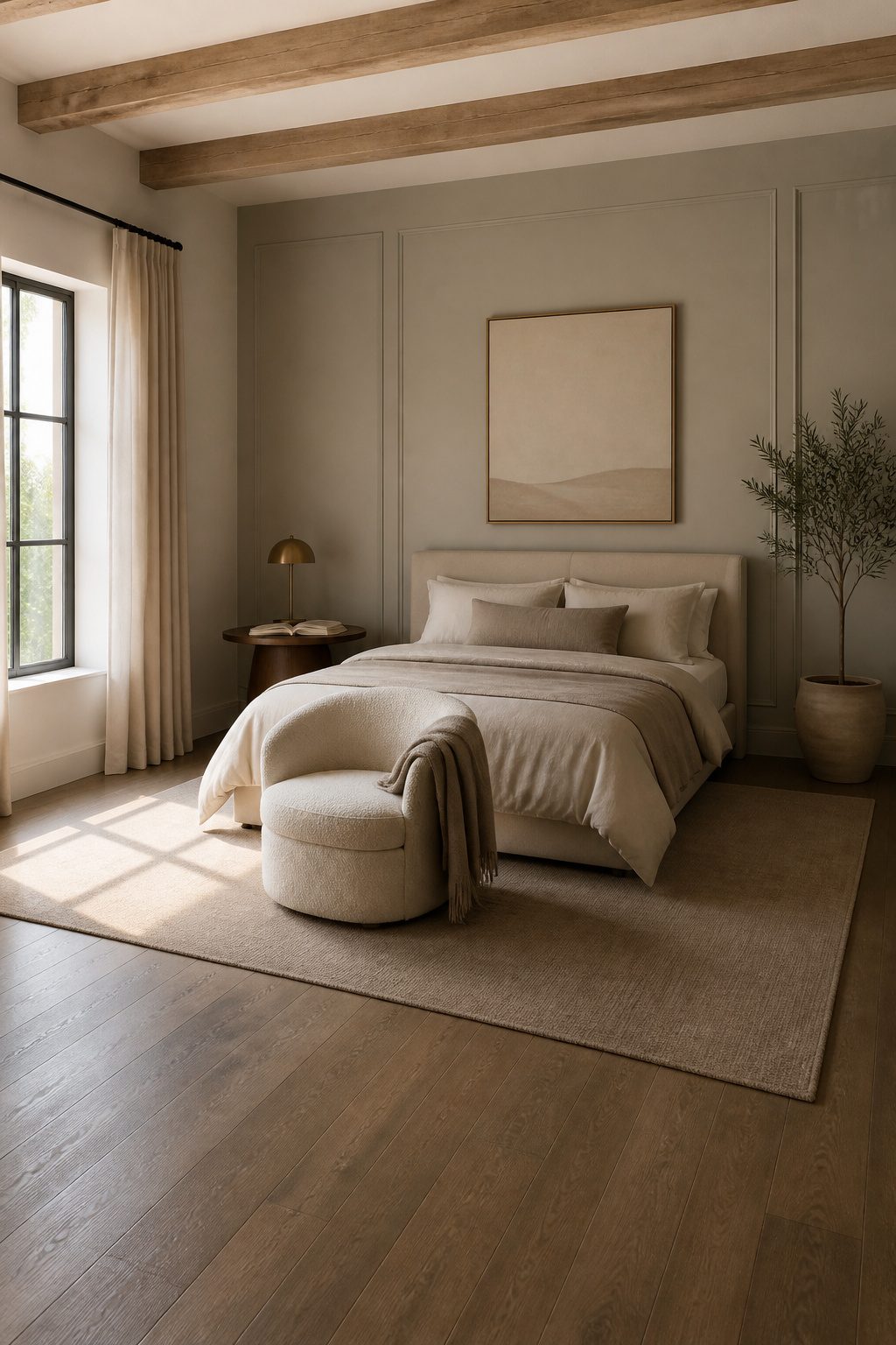 A low slipper chair positioned next to a full bed.