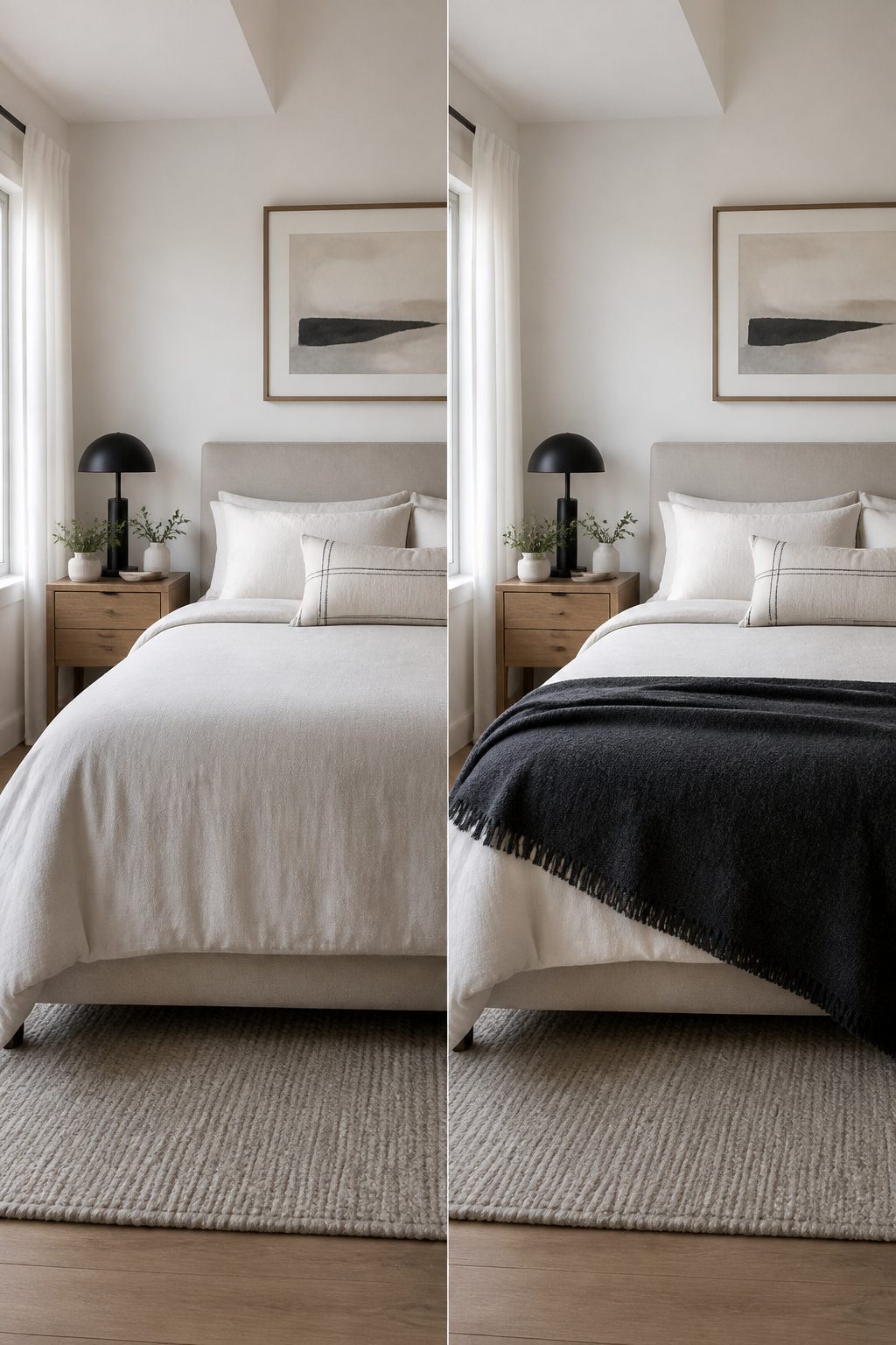 A full bed with a charcoal wool throw at the foot.