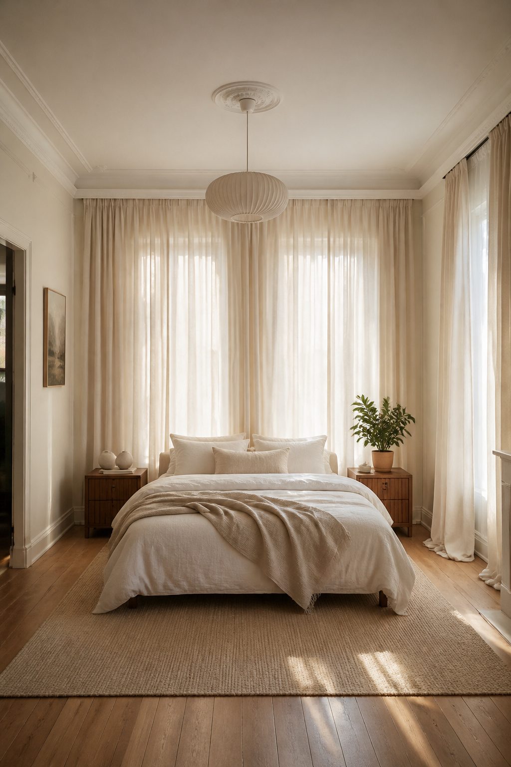 A full bed with floor-length fabric drapes framing the window.