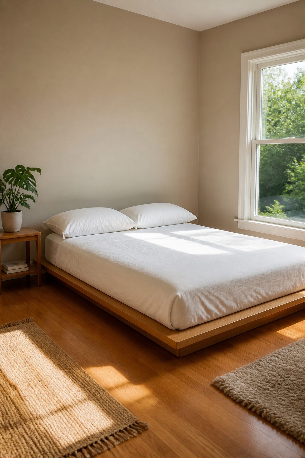 A full bed dressed in white sheets with a low-profile oak frame.