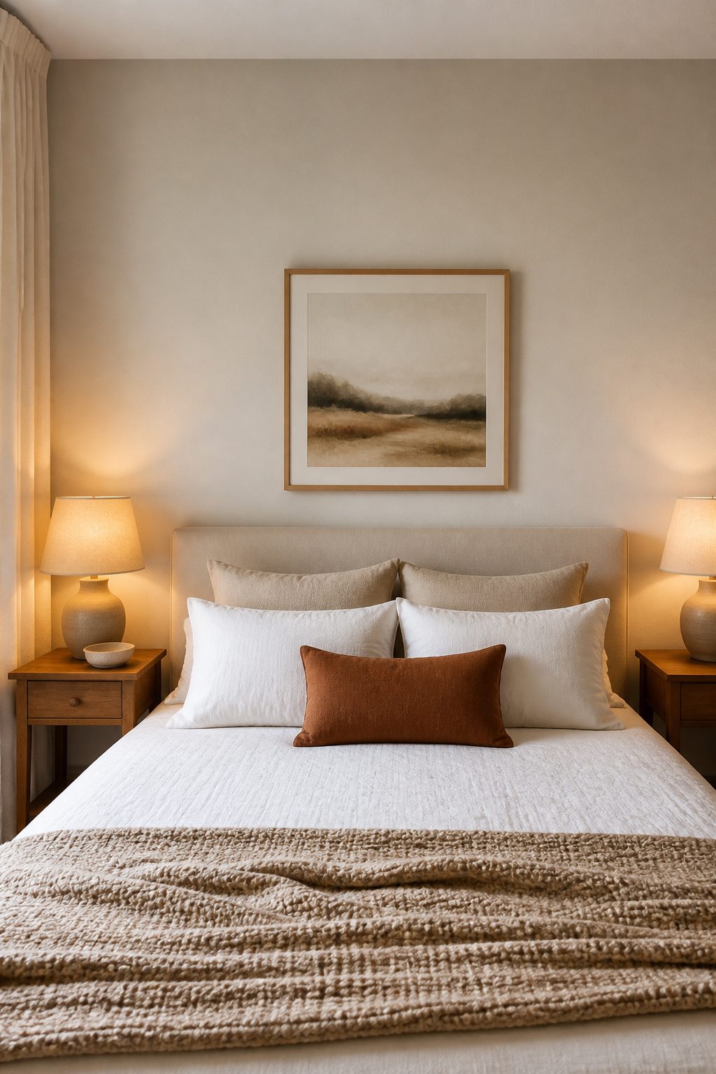Art positioned 10 inches above a full bed for visual connection.