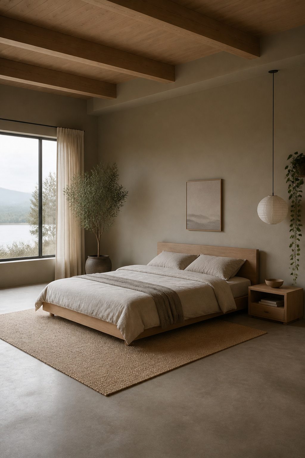 A full bed with minimal decor and organic shapes in a Japandi style.