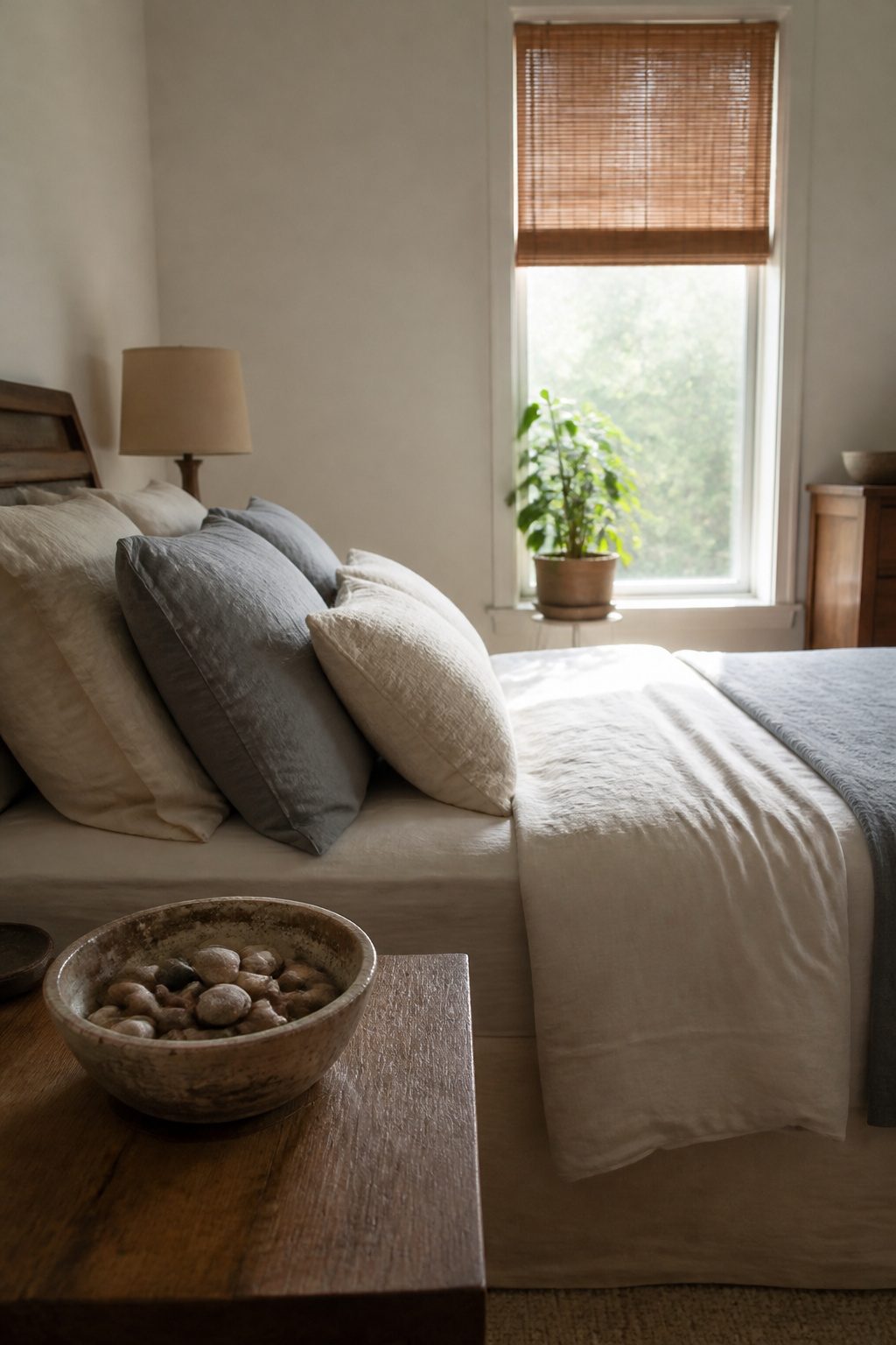 A weathered ceramic bowl filled with stones next to a full bed.