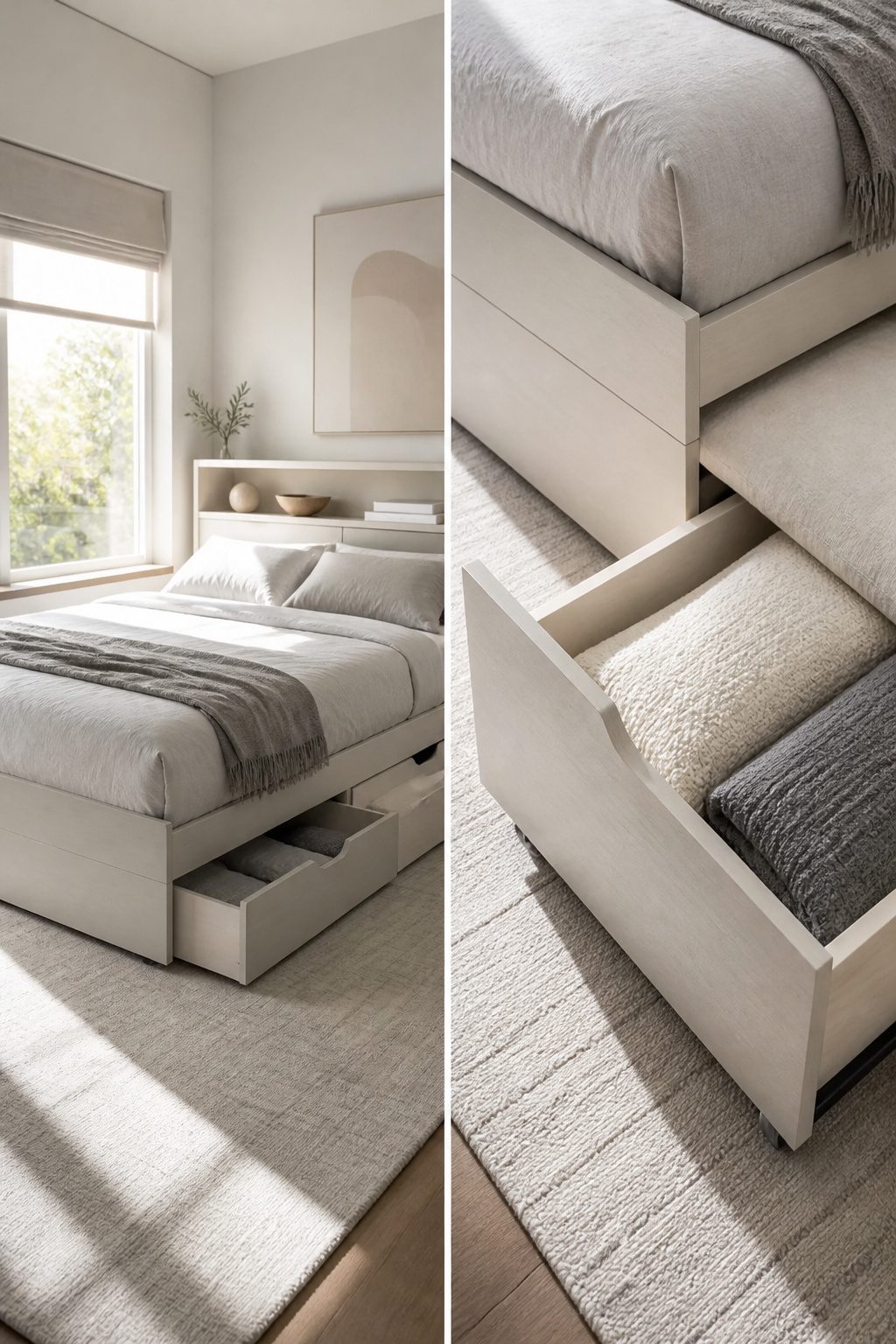 A full bed featuring under-bed storage drawers on casters.